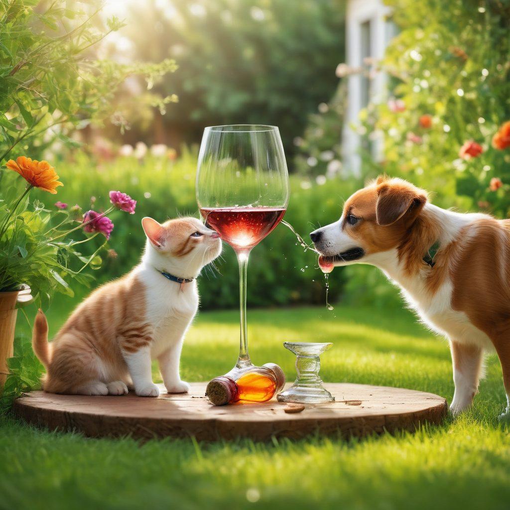 A whimsical scene featuring a playful dog and a curious cat engaging with wine glasses scattered across a sunny backyard. The dog playfully nudges a half-filled glass while the cat gazes inquisitively at a vibrant cork, surrounded by lush green grass and blooming flowers. Soft sunlight bathes the scene, adding warmth and cheerfulness to the setting. The atmosphere exudes joy and curiosity, embodying the delightful interplay between pets and wine. vibrant colors. super-realistic.