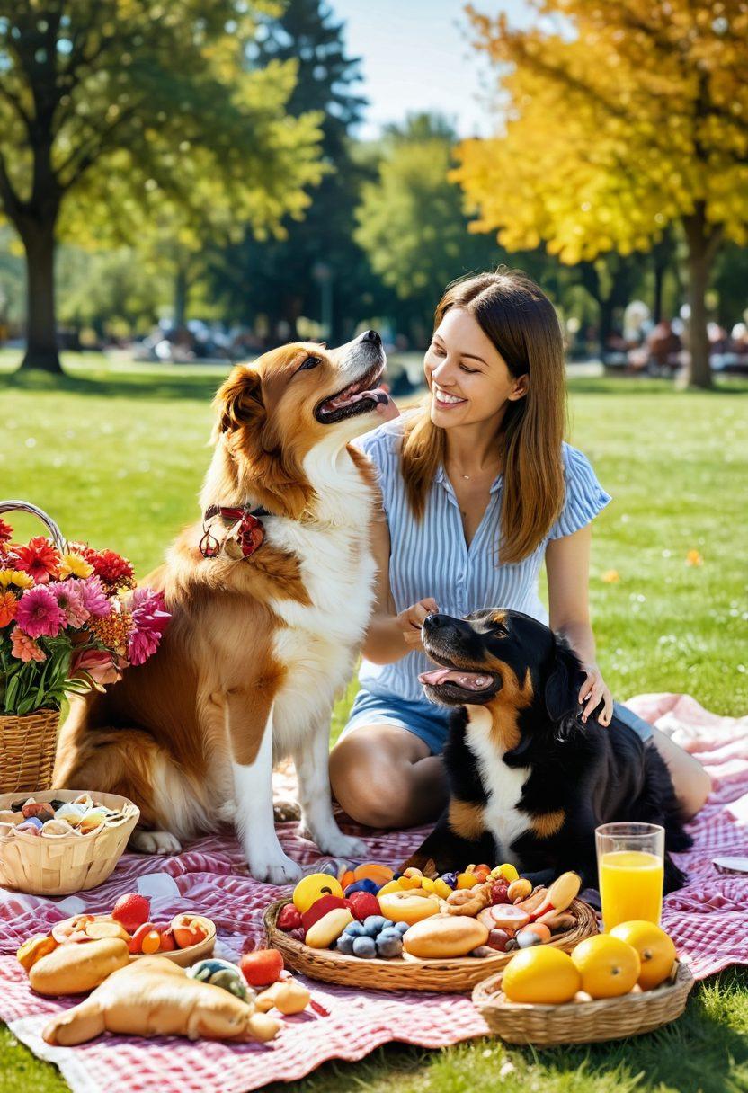 A happy owner and their dog enjoying a picnic in a sunny park, surrounded by colorful treats and a festive atmosphere. The dog playfully interacts with a variety of tasty snacks, while the owner raises a glass in celebration. Include vibrant flowers and whimsical decorations to enhance the joyful mood. super-realistic. vibrant colors. outdoor setting.