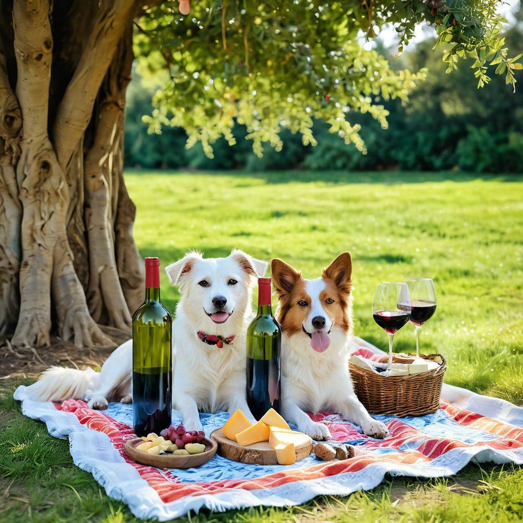 An enchanting outdoor picnic scene featuring a cozy blanket laid out beneath a lush green tree, with a beautifully arranged spread of wine glasses and a variety of gourmet cheese and treats. Two adorable dogs play nearby, their fur catching the sunlight, adding a touch of warmth and joy. Delicate wine bottles, colorful flowers, and playful butterflies enhance the atmosphere, making it inviting and vibrant. watercolor. vibrant colors. soft focus.